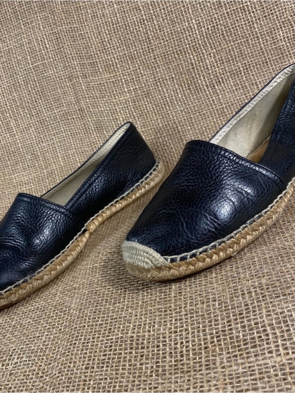Black Leather Espadrille Flats with Braided Jute Sole